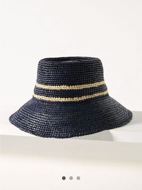 Wyeth Raffia  Navy Straw Bucket Hat with Cream Stripes Anthropologie